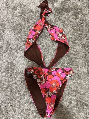 Frankie's Bikinis Brown One-Piece with Pink & Red Floral Print